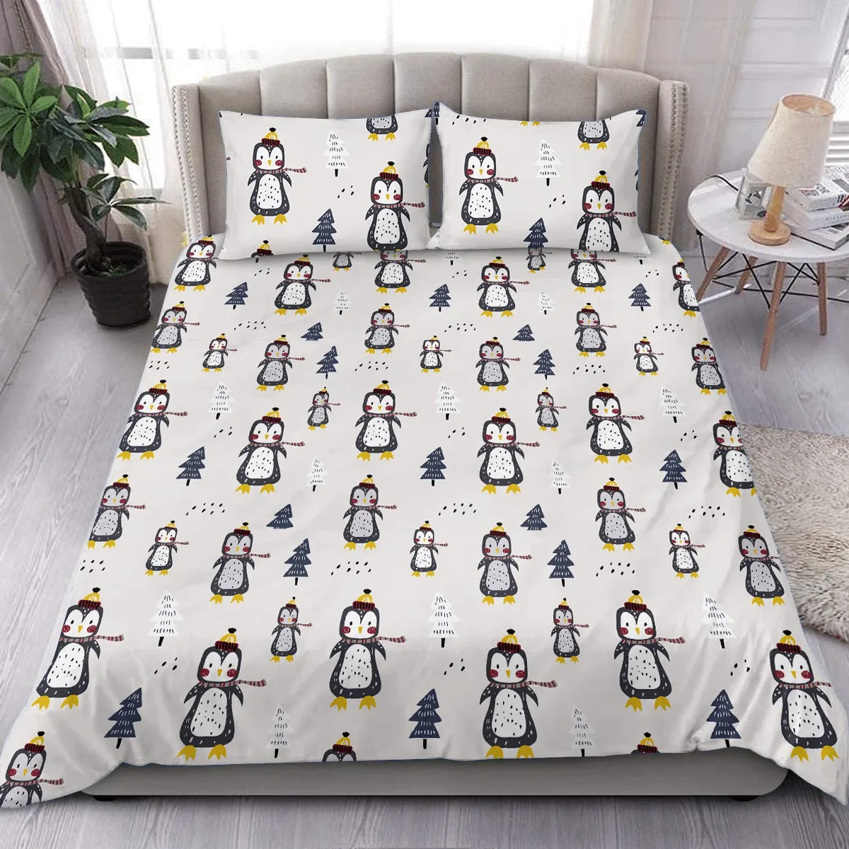 Merry Christmas Winter With Cute Penguins Duvet Cover Bedding Set Bedroom Decor