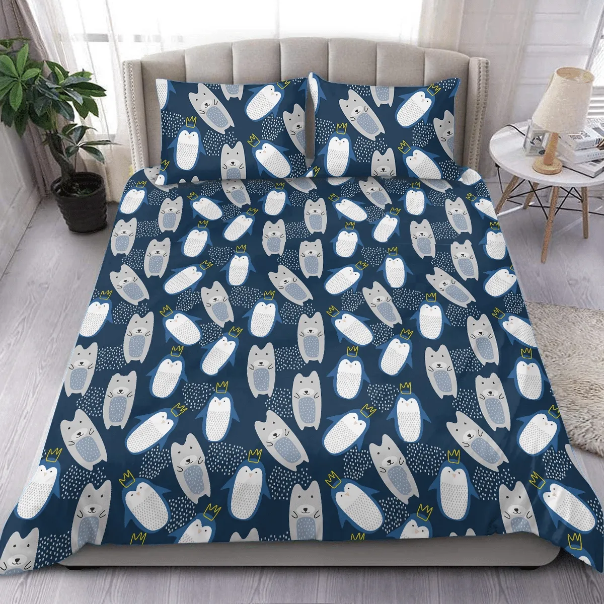 Merry Christmas With Bear And Penguin On Blue Duvet Cover Bedding Set Bedroom Decor