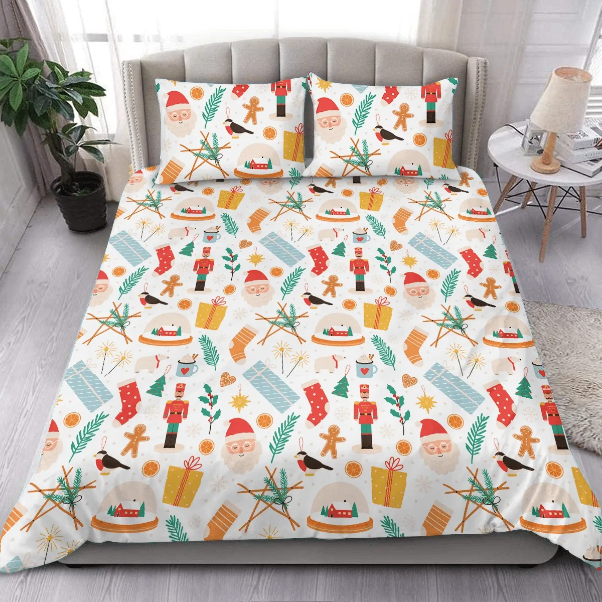 Merry Winter Holidays With Gifts Gingerbread Santa Nutcracker Tree Toys Christmas Duvet Cover Bedding Set Bedroom Decor