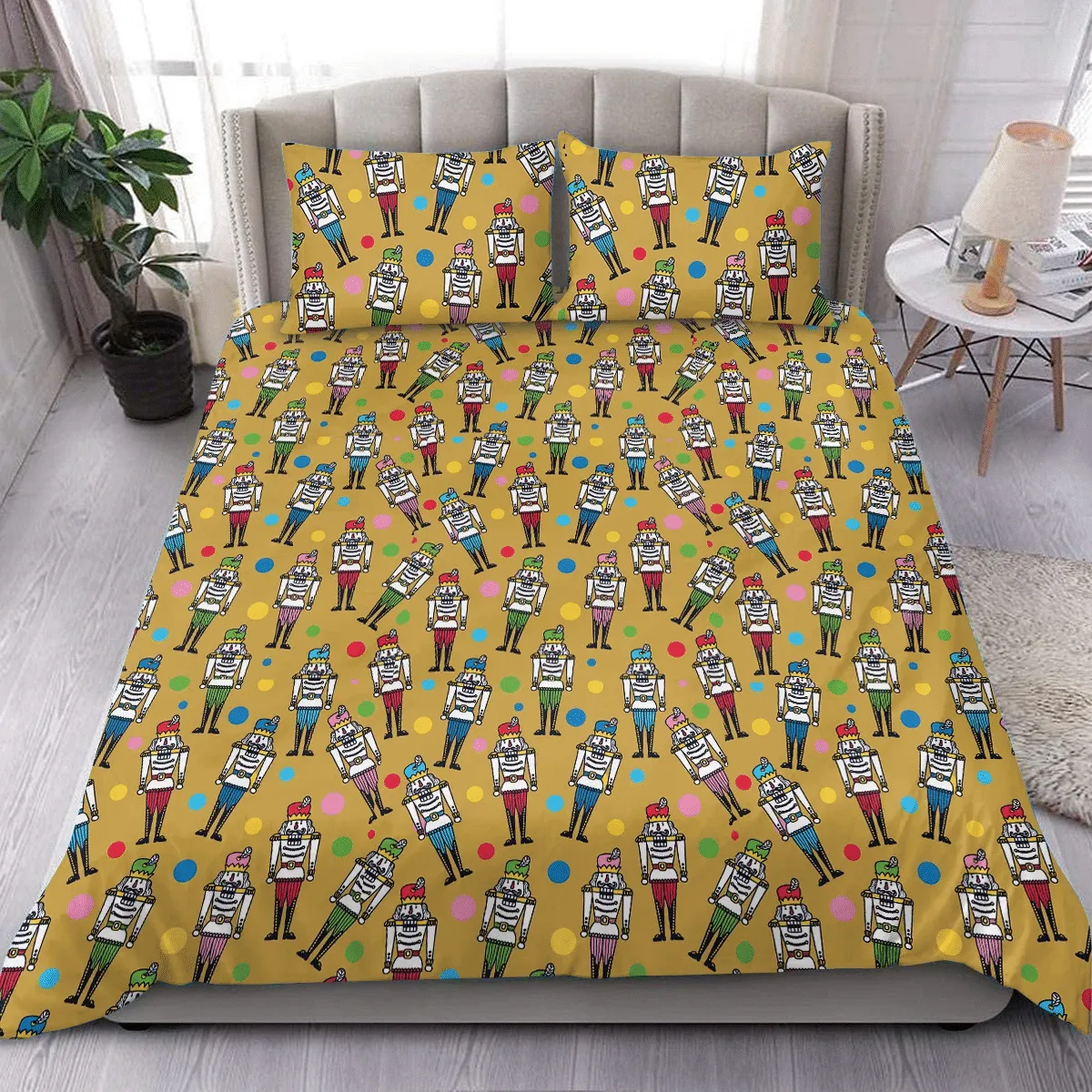 Multicolored Dot And Nutcracker Brown Background Christmas Duvet Cover Bedding Set Bedroom Decor