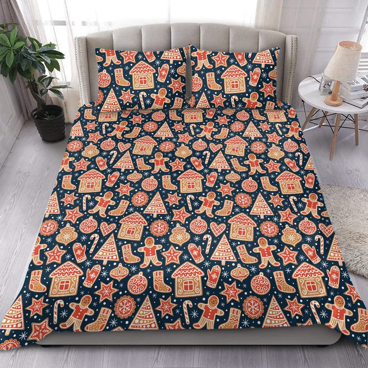 Outline Gingerbread Cookies Collection And Snowflakes Christmas Duvet Cover Bedding Set Bedroom Decor