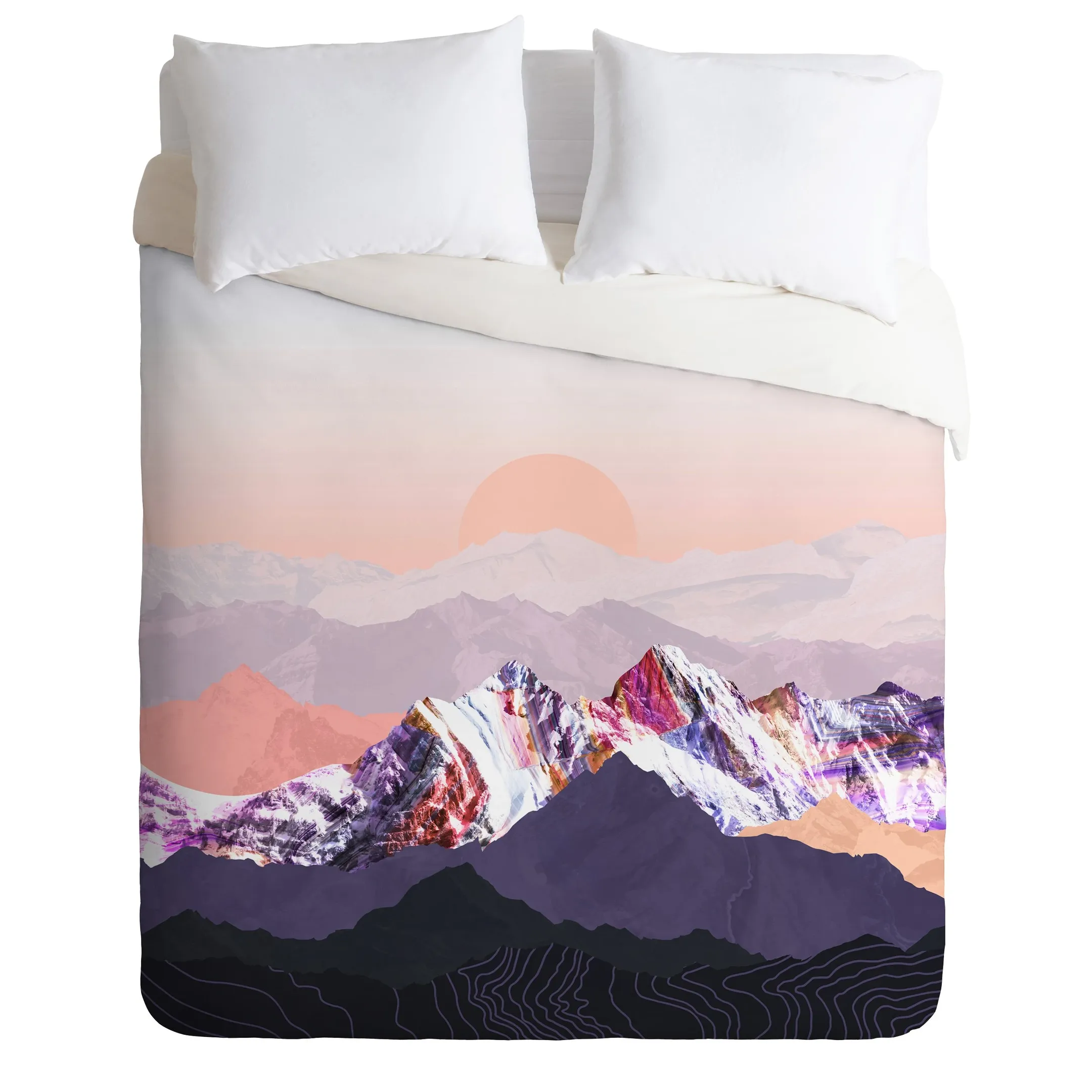 Peach Sunset Mountain Scene Duvet Cover Bedding Set Bedroom Decor