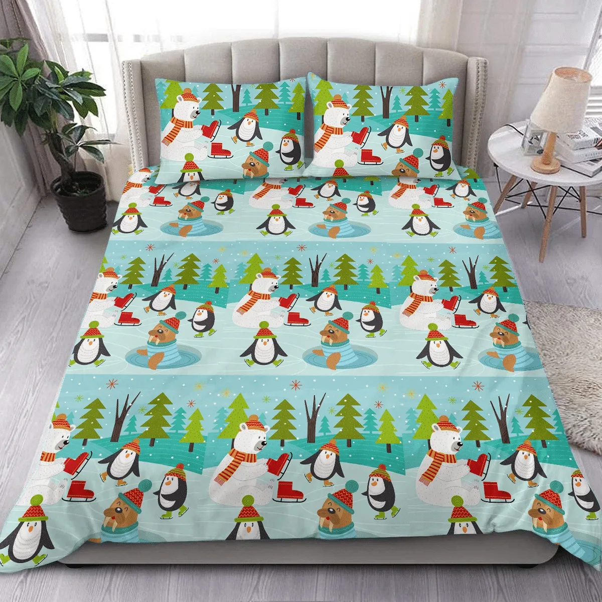 Penguin Polar With Red Scarf Playing In Christmas Tree Forest Duvet Cover Bedding Set Bedroom Decor
