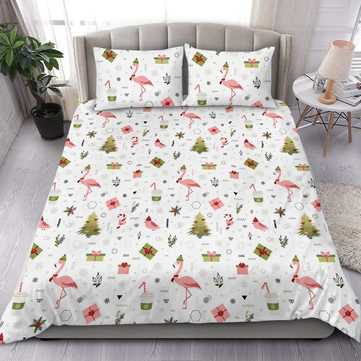 Pinky Flamingon With Colored Gifts Box And Trees Illustration Christmas Duvet Cover Bedding Set Bedroom Decor