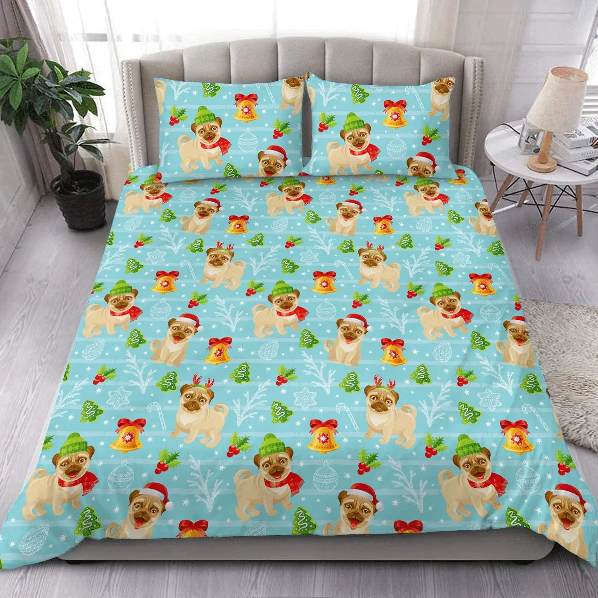 Playful Pug Dog Christmas Duvet Cover Bedding Set Bedroom Decor