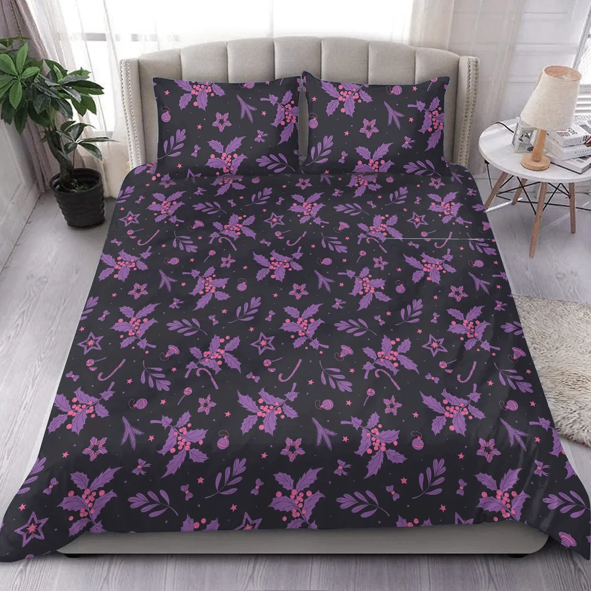 Purple And Pink Christmas Berries Isolated On Black Background Duvet Cover Bedding Set Bedroom Decor