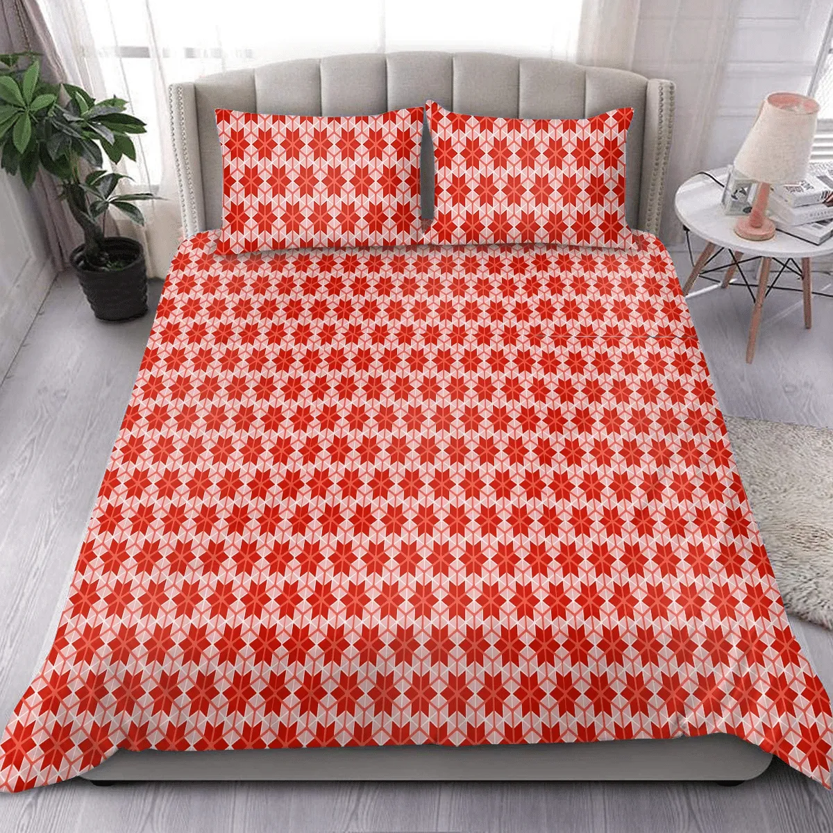 Red And Pink Geometric Snowflakes Pattern Christmas Duvet Cover Bedding Set Bedroom Decor
