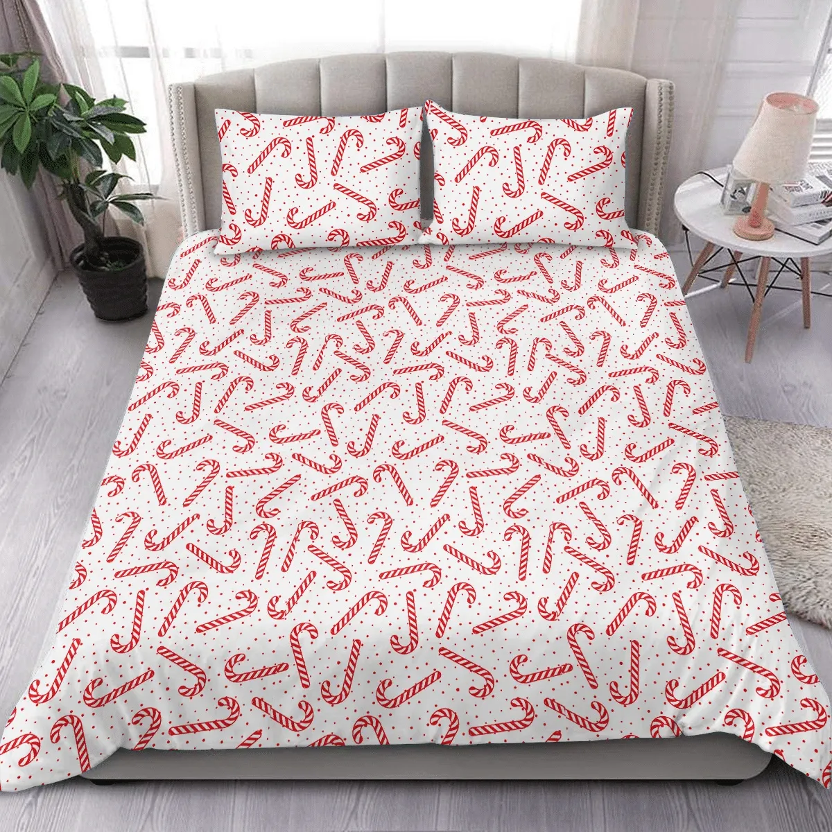Red And White Christmas Candy Canes Duvet Cover Bedding Set Bedroom Decor