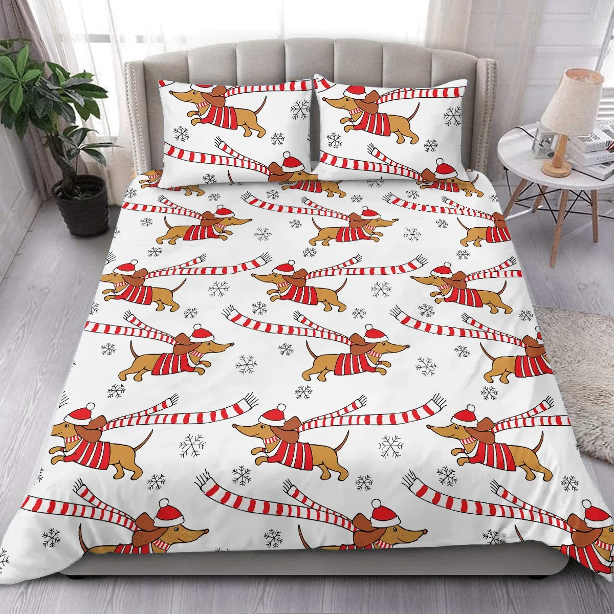 Romantic Christmas Dachshund Santa Hat And Snowflakes Duvet Cover Bedding Set Bedroom Decor
