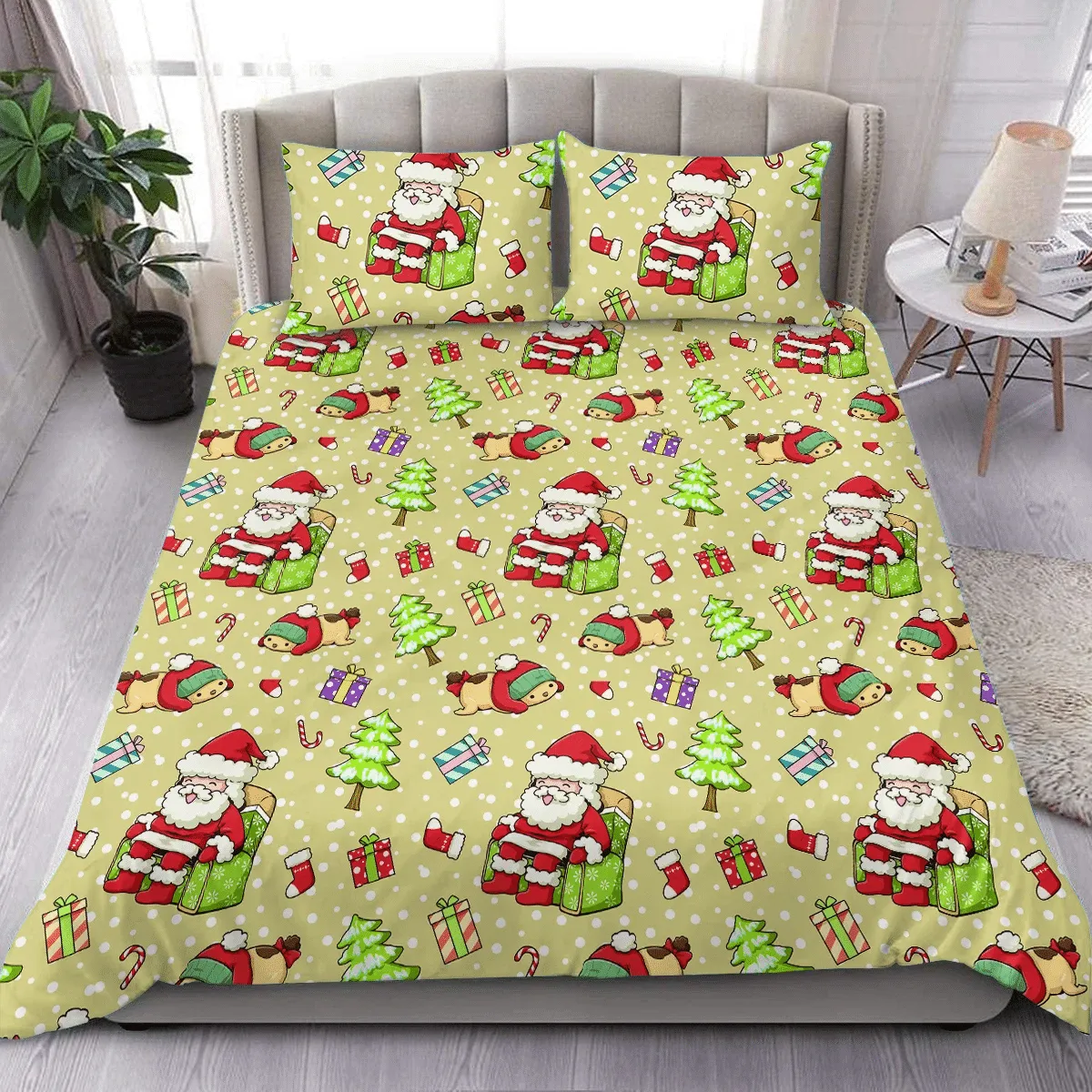 Santa And Dogs Christmas Duvet Cover Bedding Set Bedroom Decor