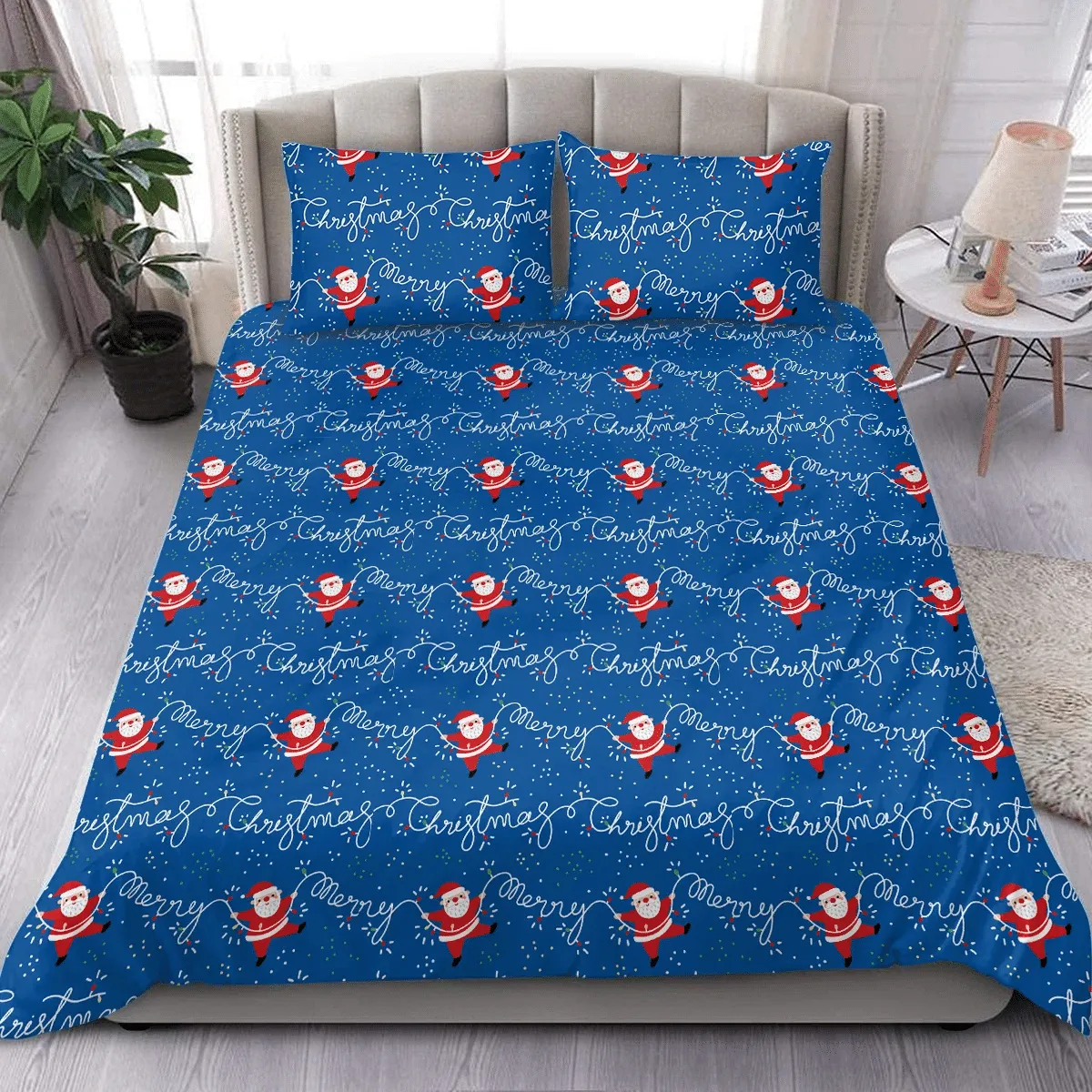 Santa Claus And A Hand Lettering As A Christmas Lights Duvet Cover Bedding Set Bedroom Decor