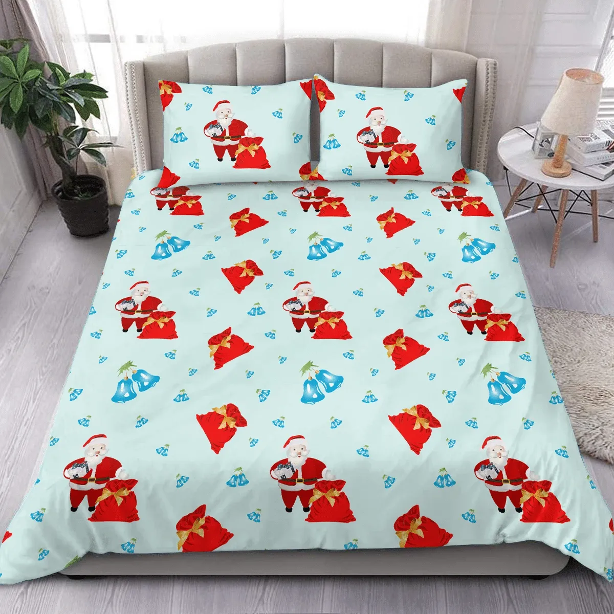 Santa Claus With A Bag Of Gifts And Bells Toy Pattern Christmas Duvet Cover Bedding Set Bedroom Decor