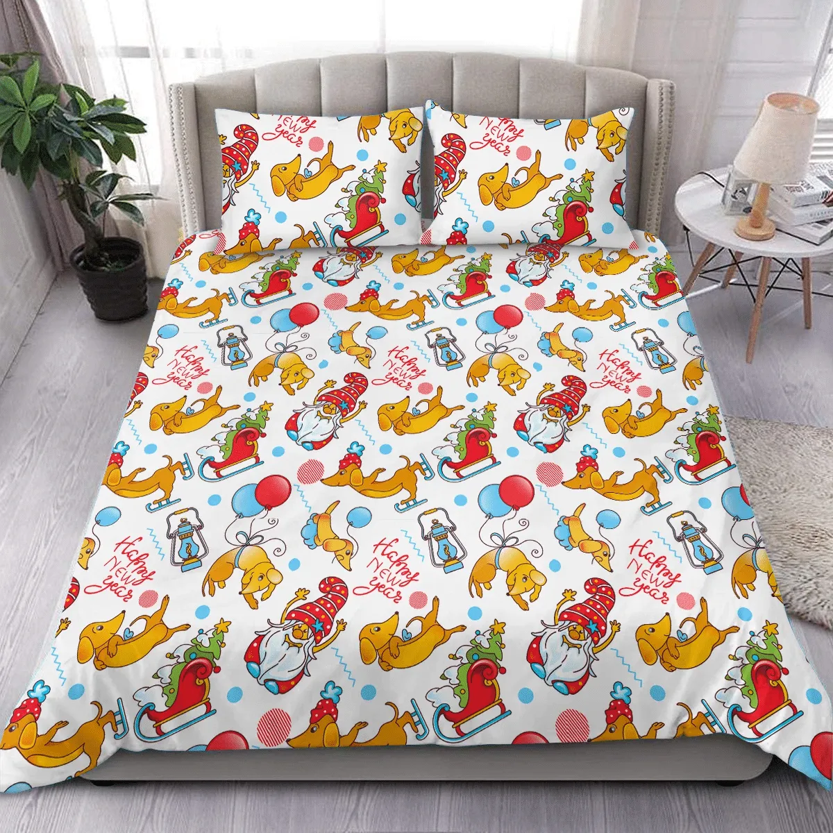 Skating Dog Santa Gnome Christmas Duvet Cover Bedding Set Bedroom Decor