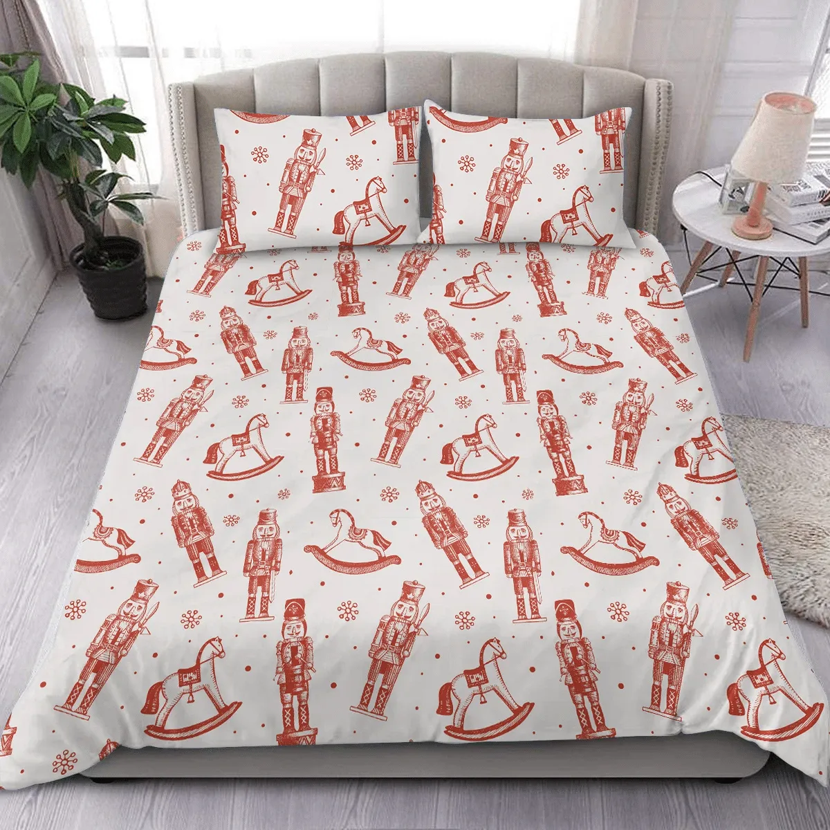 Sketching Style With Soldiers Nutcrackers And Rocking Horses Christmas Duvet Cover Bedding Set Bedroom Decor