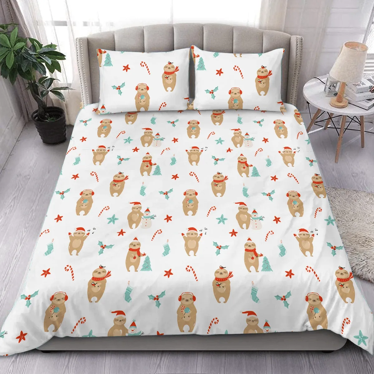Sloth Listening Music And Decorating Christmas Tree Duvet Cover Bedding Set Bedroom Decor