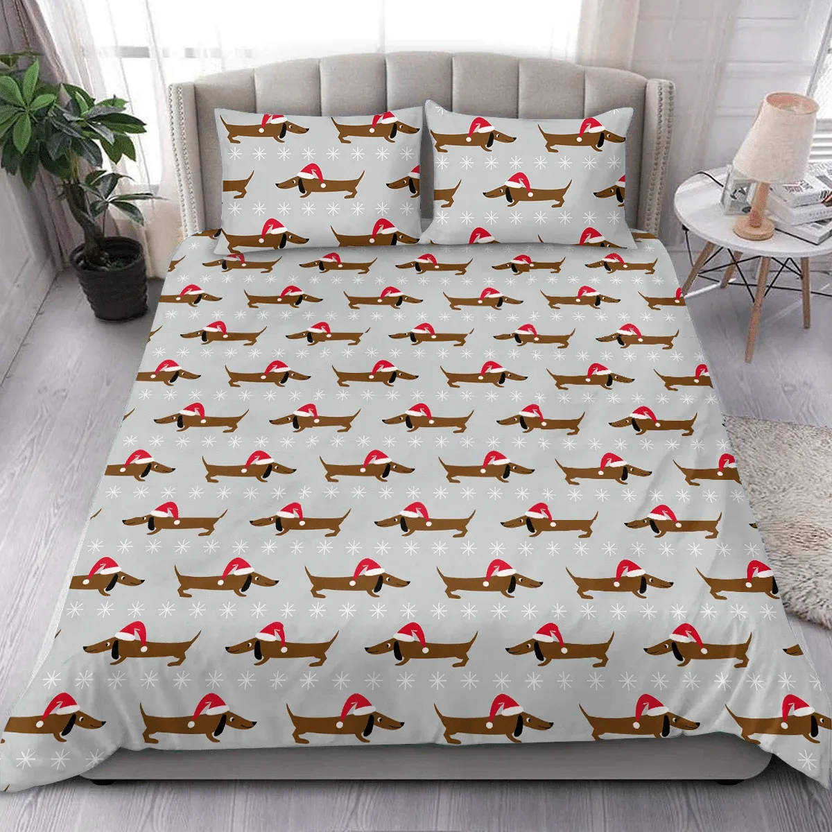 Snowflakes Dachshund In A Christmas Hat Duvet Cover Bedding Set Bedroom Decor