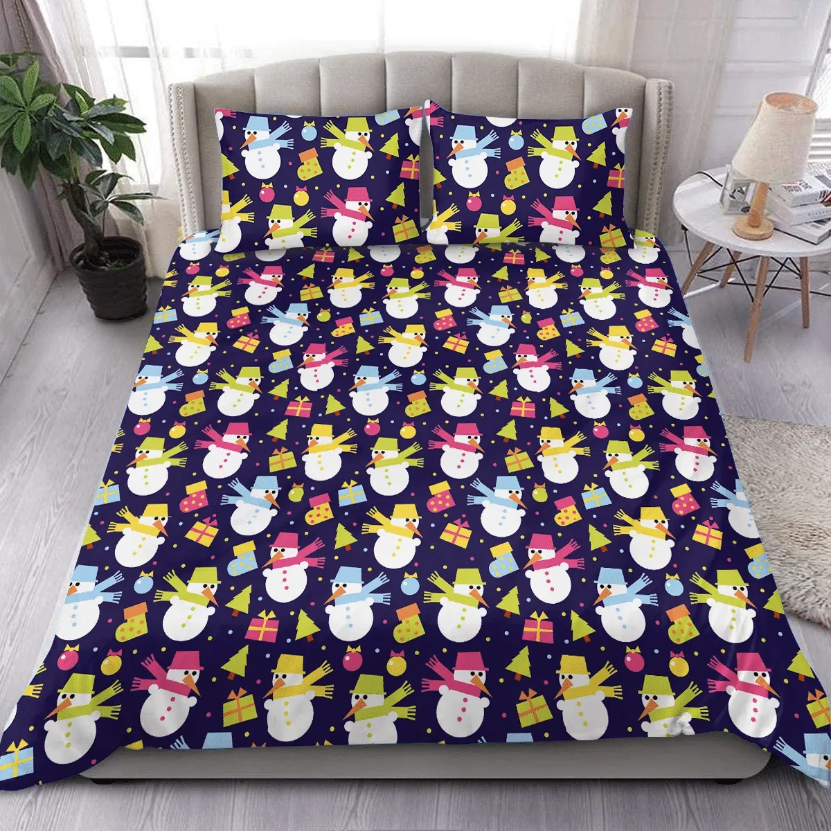 Snowman Sock Gift Box And Christmas Tree Duvet Cover Bedding Set Bedroom Decor