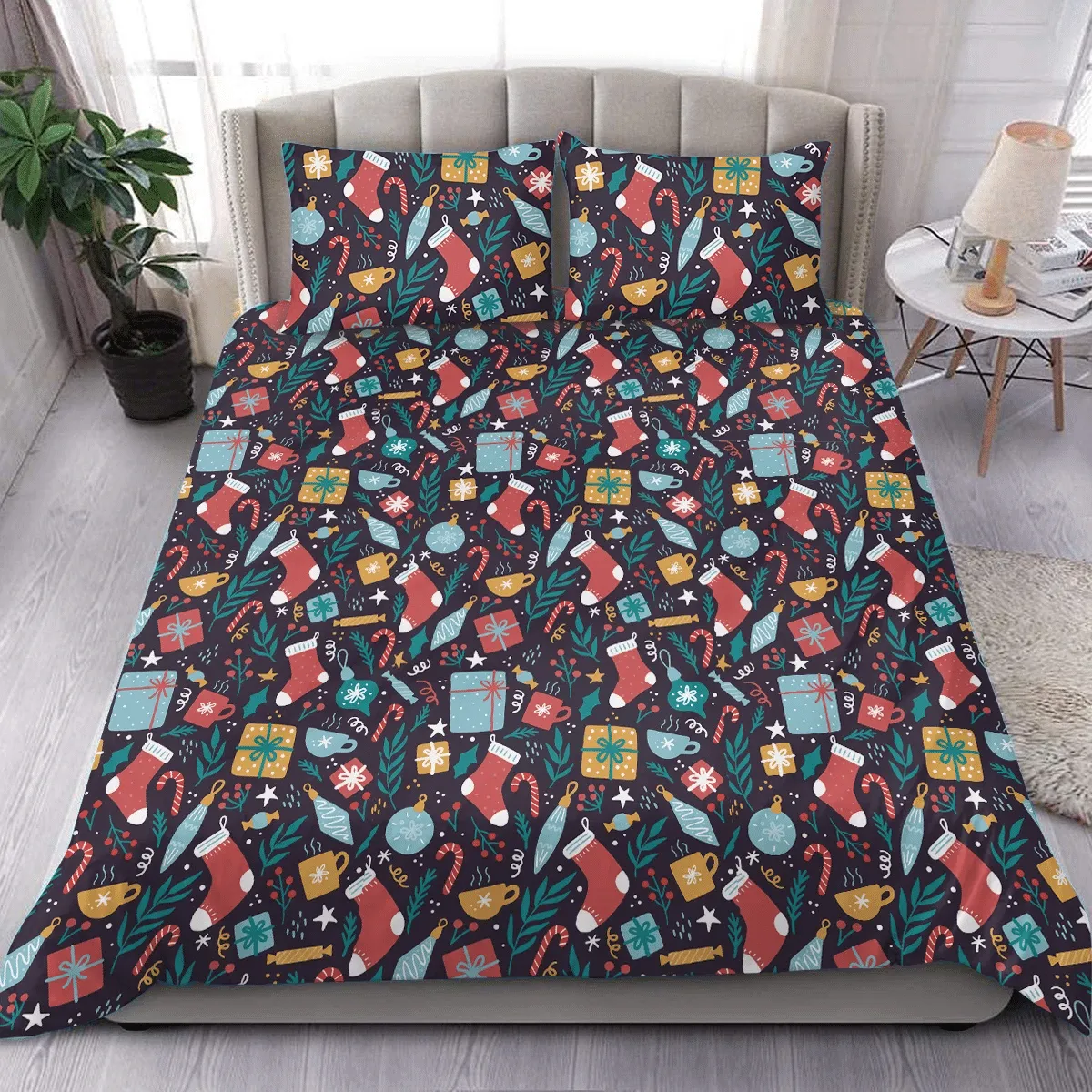 Socks Gift Box Floral Bell And Christmas Candy Cane Duvet Cover Bedding Set Bedroom Decor