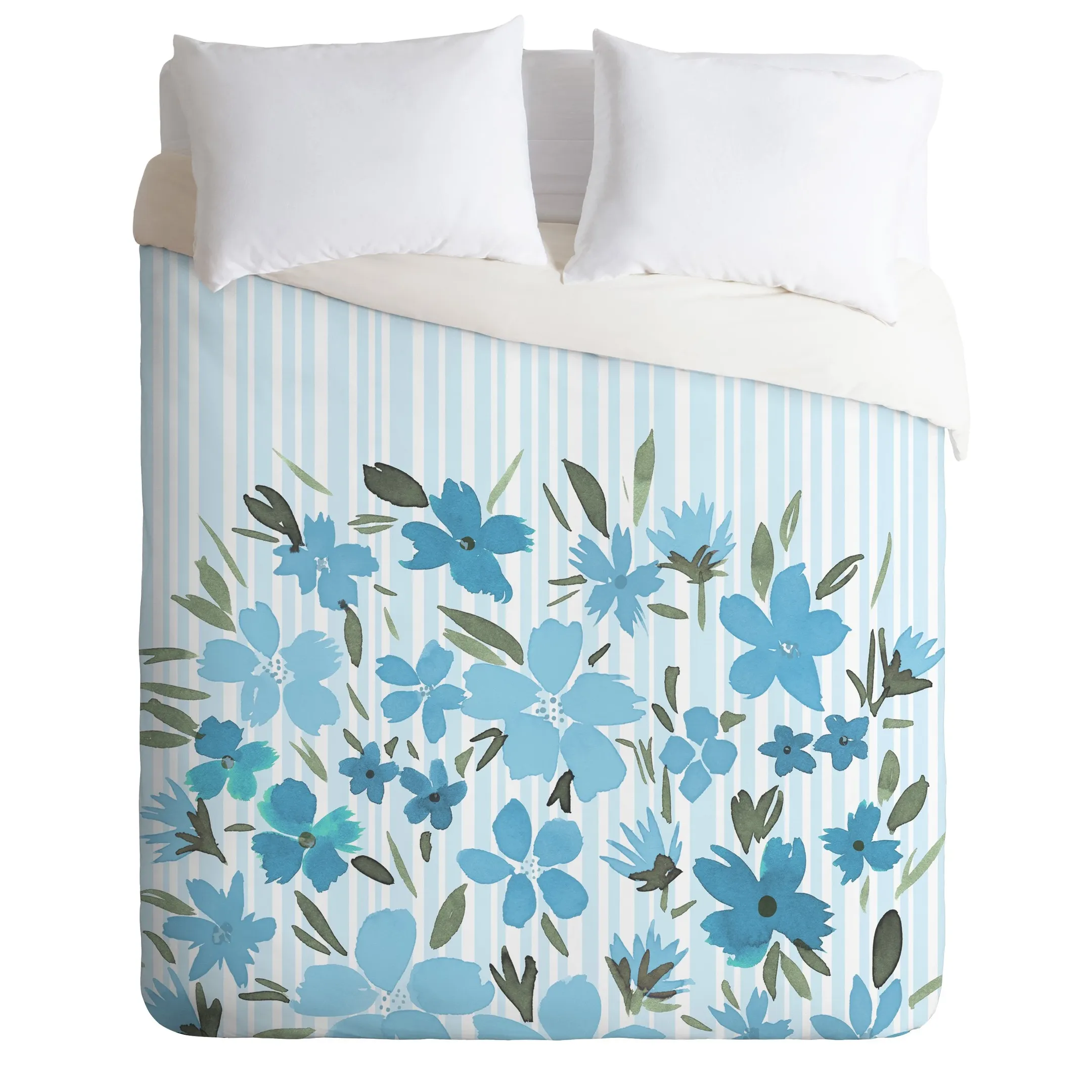 Spring Floral And Stripes Blue Mist Duvet Cover Bedding Set Bedroom Decor