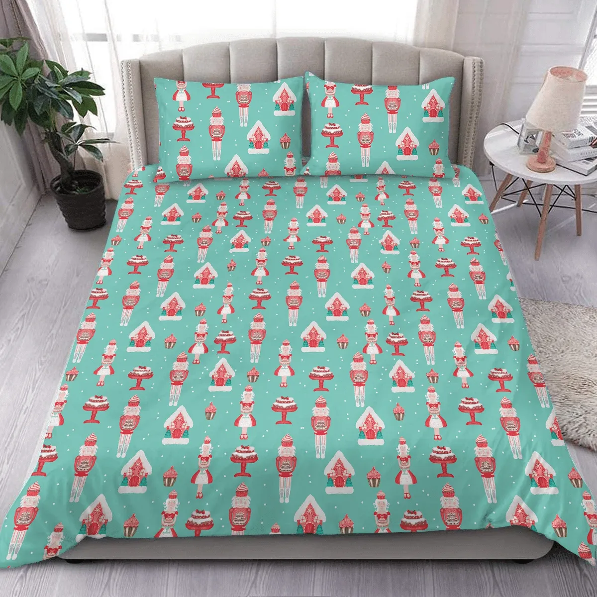 Sweet Desserts Red Cakes With Nutcrackers Illustration Christmas Duvet Cover Bedding Set Bedroom Decor