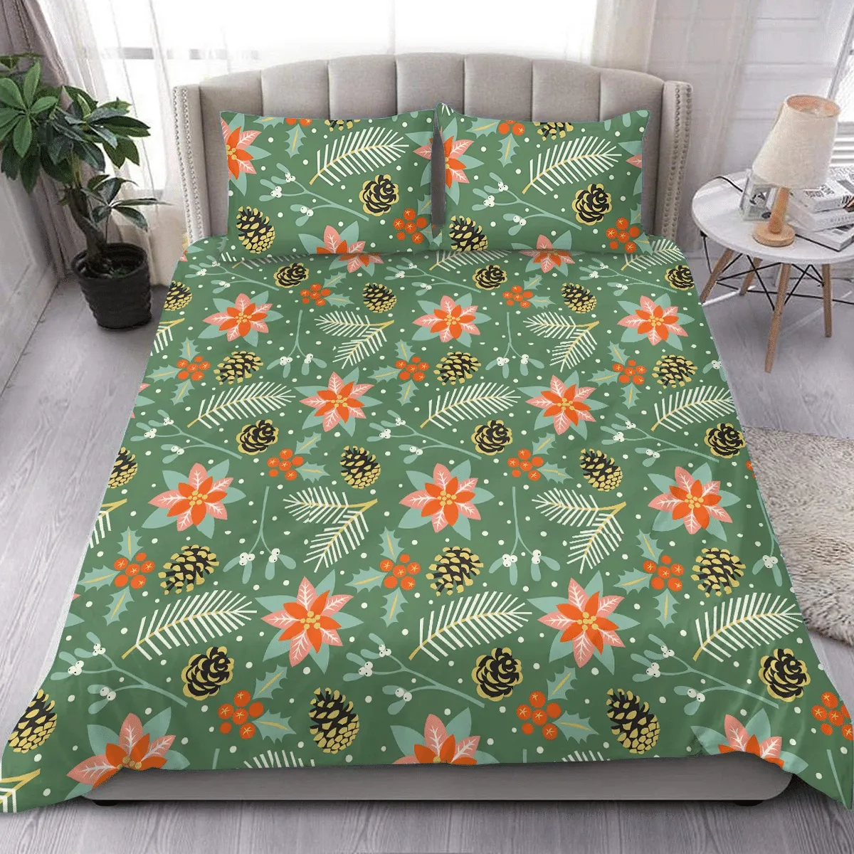The Traditional Christmas Holiday Floral Elemens Duvet Cover Bedding Set Bedroom Decor