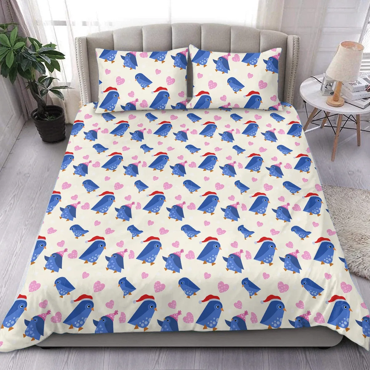 Theme Christmas Cute Blue Penguin Wear Hat With Heart Shape Duvet Cover Bedding Set Bedroom Decor