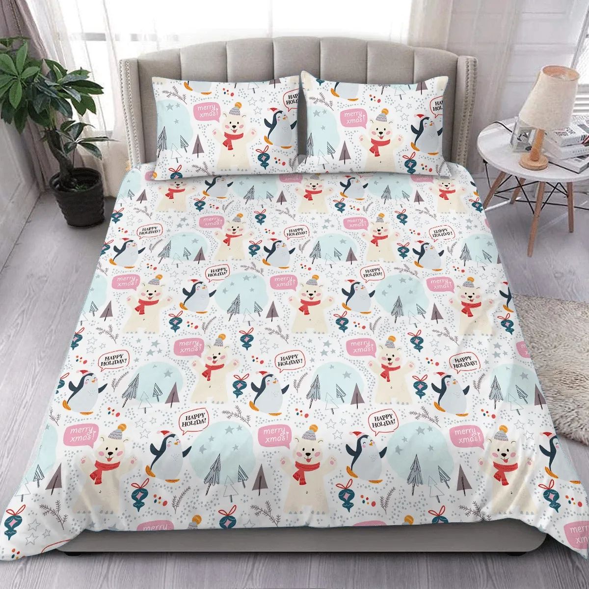 Theme Christmas Funny Polar Bear And Penguin Duvet Cover Bedding Set Bedroom Decor