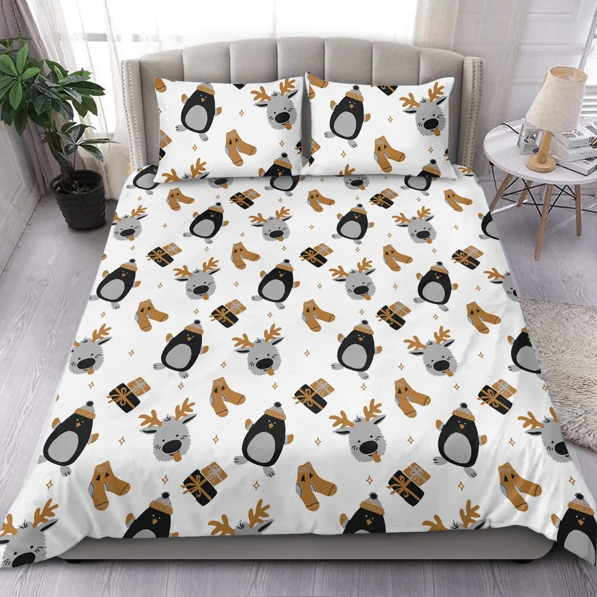 Theme Christmas Happiness Penguin And Socks Duvet Cover Bedding Set Bedroom Decor