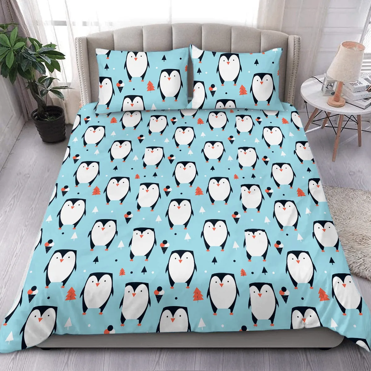 Theme Christmas Happiness Penguins With Falling Snow Duvet Cover Bedding Set Bedroom Decor