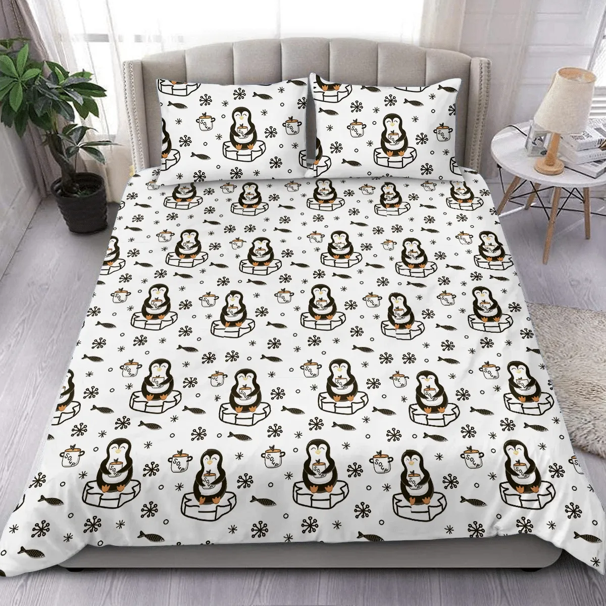 Theme Christmas Happiness Penguins With Soup And Snowflakes Duvet Cover Bedding Set Bedroom Decor