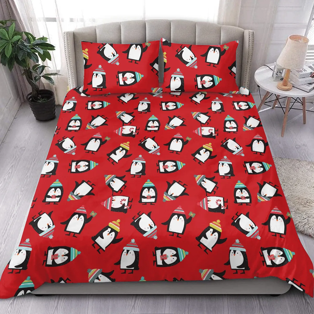 Theme Christmas Penguin Red Collection Cartoon Duvet Cover Bedding Set Bedroom Decor