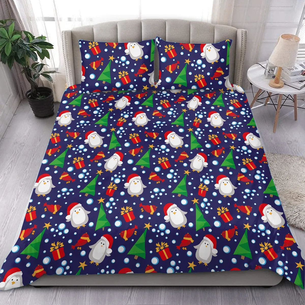 Theme Christmas Penguins And Birds With Falling Snow Duvet Cover Bedding Set Bedroom Decor