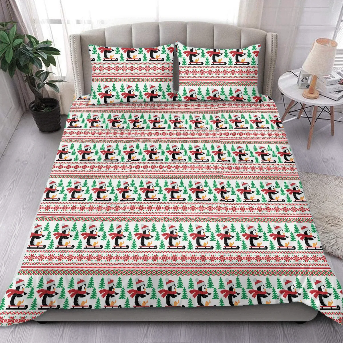 Theme Christmas Pixel In Penguins Cartoon Duvet Cover Bedding Set Bedroom Decor