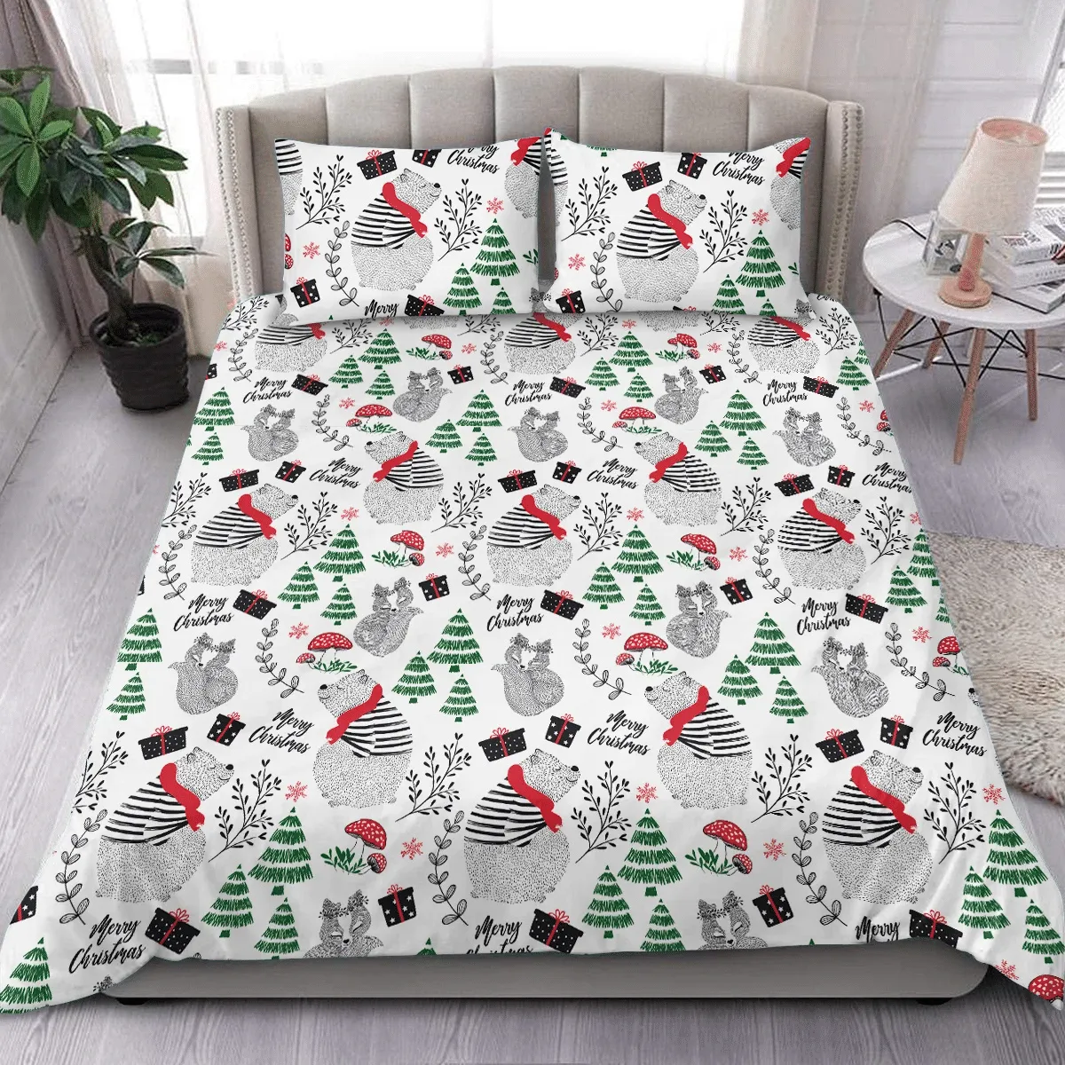 Theme Festival With Lettering And Bear Christmas Duvet Cover Bedding Set Bedroom Decor