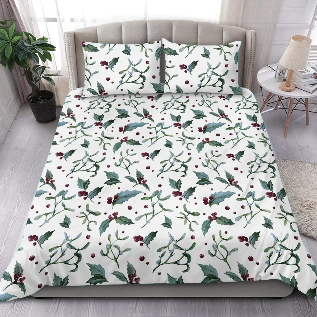 Trendy Watercolor Painted With Misteltoe And Red Berries Christmas Duvet Cover Bedding Set Bedroom Decor