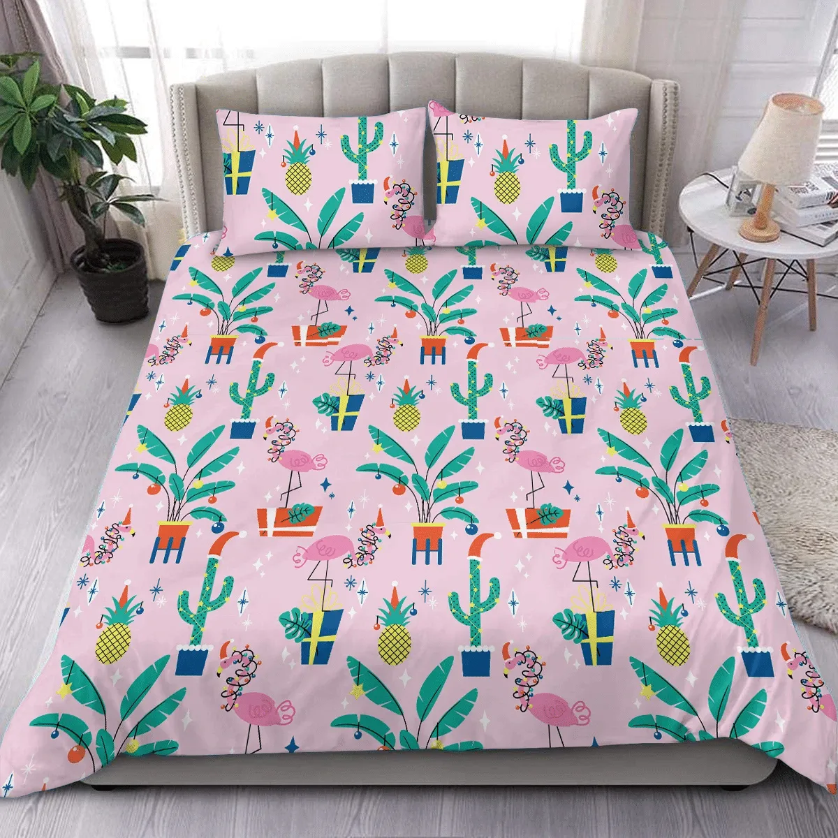 Tropical Plants Flamingos Christmas Duvet Cover Bedding Set Bedroom Decor