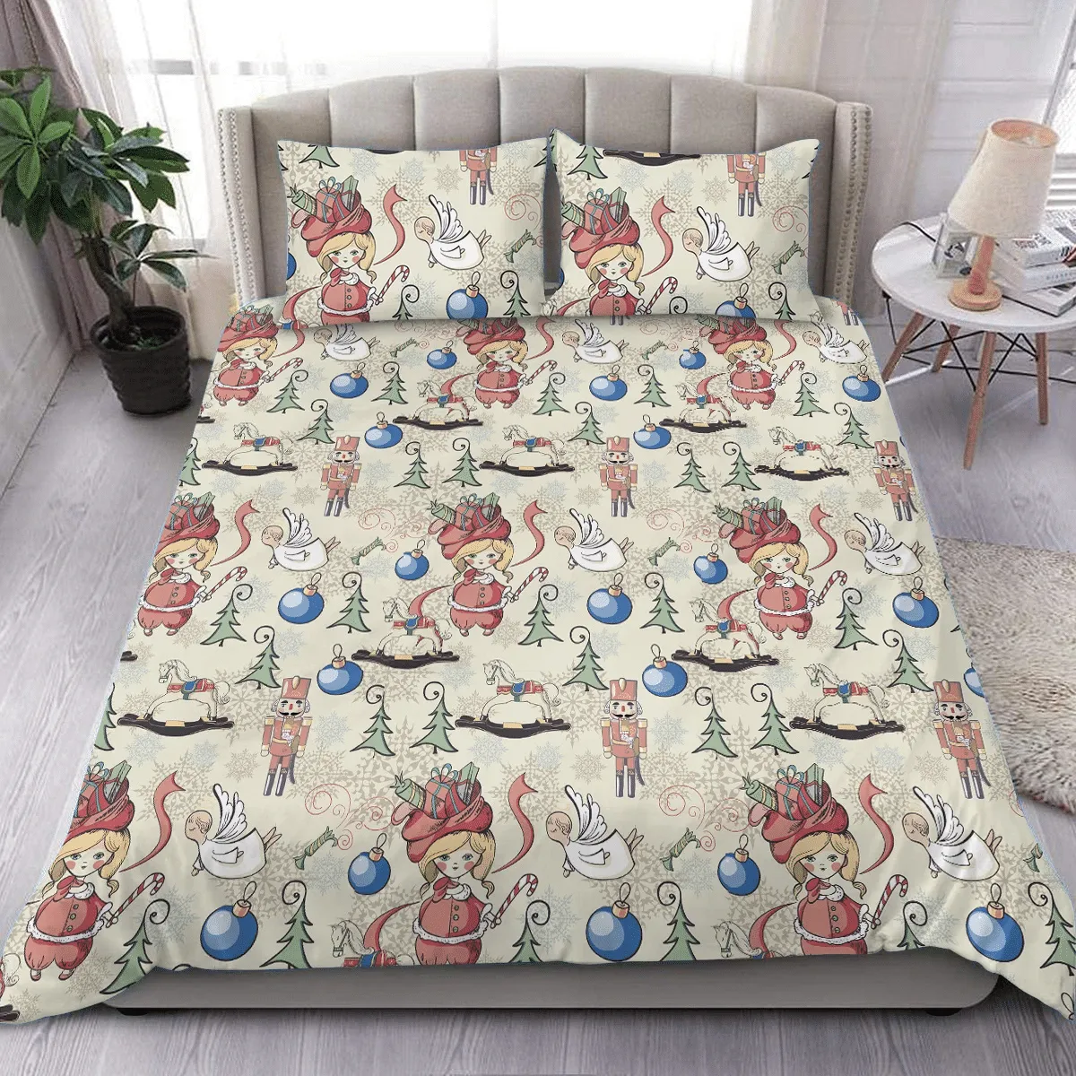 Vintage Chritsmas Art With Angel Nutcracker Ornament And Tree Christmas Duvet Cover Bedding Set Bedroom Decor
