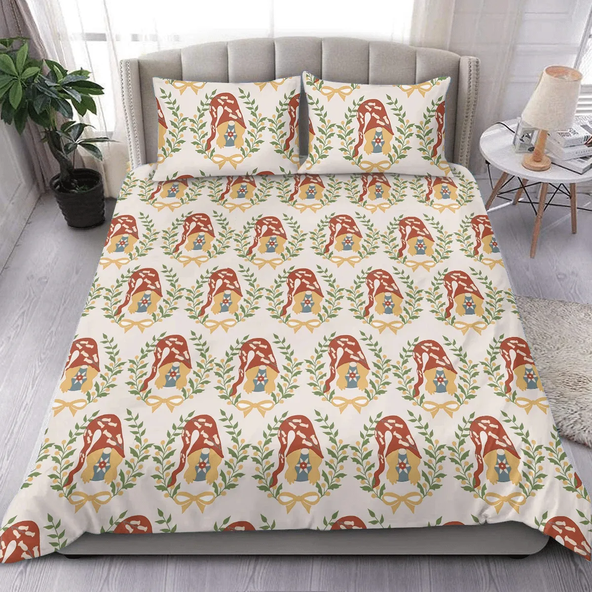 Vivid Floral Wreaths With Gnomes Inspired Illustration Christmas Duvet Cover Bedding Set Bedroom Decor