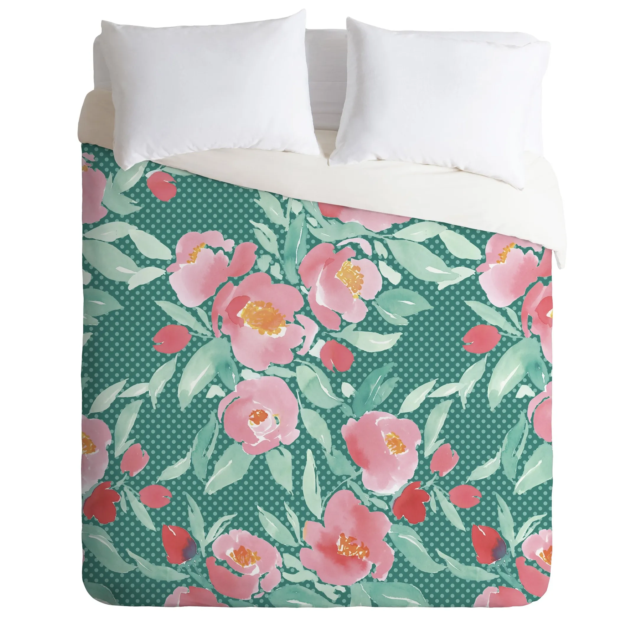 Watercolor Floral Dot Mint Green Duvet Cover Bedding Set Bedroom Decor