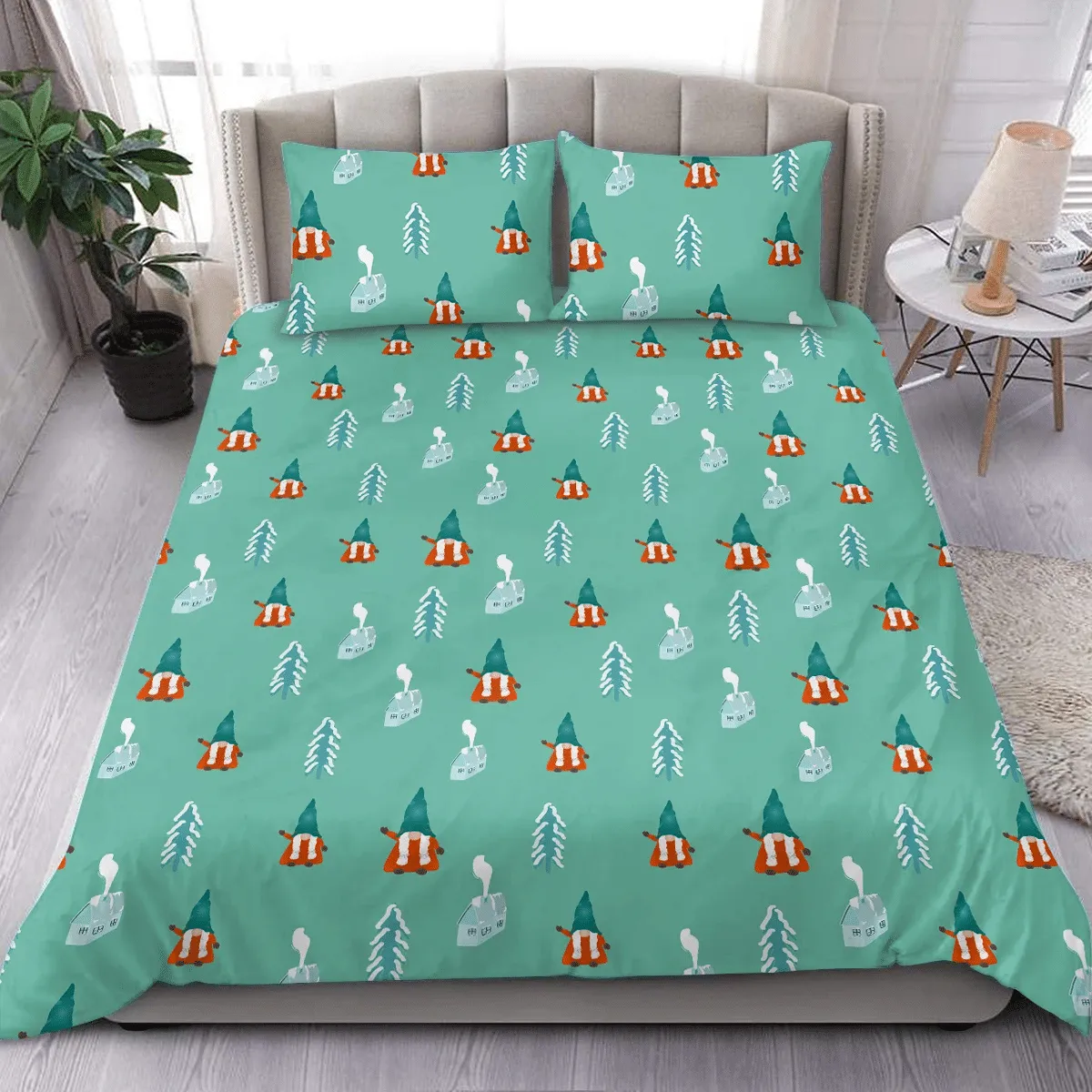 Watercolor Gnomes Xmas Trees And Small Houses Christmas Duvet Cover Bedding Set Bedroom Decor