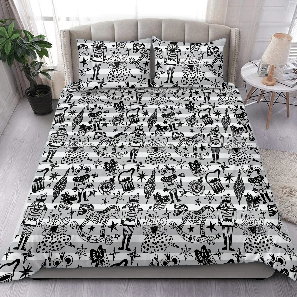 White And Gray Striped Background With Nutcracker Mouse King Tattoo Christmas Duvet Cover Bedding Set Bedroom Decor