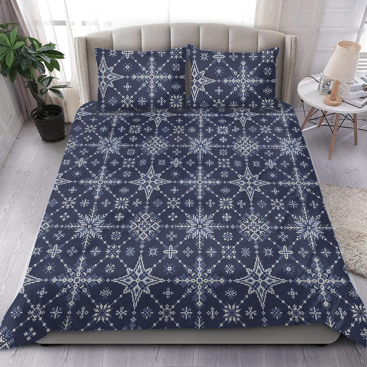 White Blue Floral Snowflakes Knitting Style Pattern Christmas Duvet Cover Bedding Set Bedroom Decor