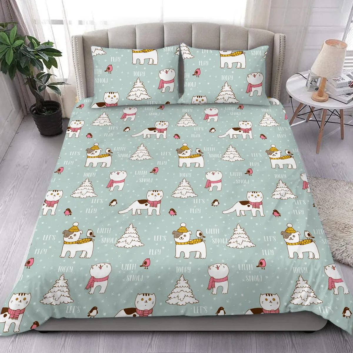 Winter Let's Play With Snow Cute Cat And Dog Christmas Duvet Cover Bedding Set Bedroom Decor