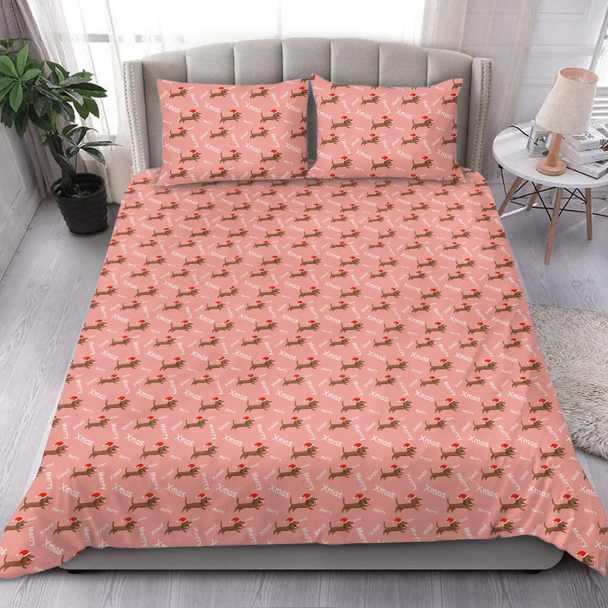Xmas With Dachshund In Santa Hat Christmas Duvet Cover Bedding Set Bedroom Decor