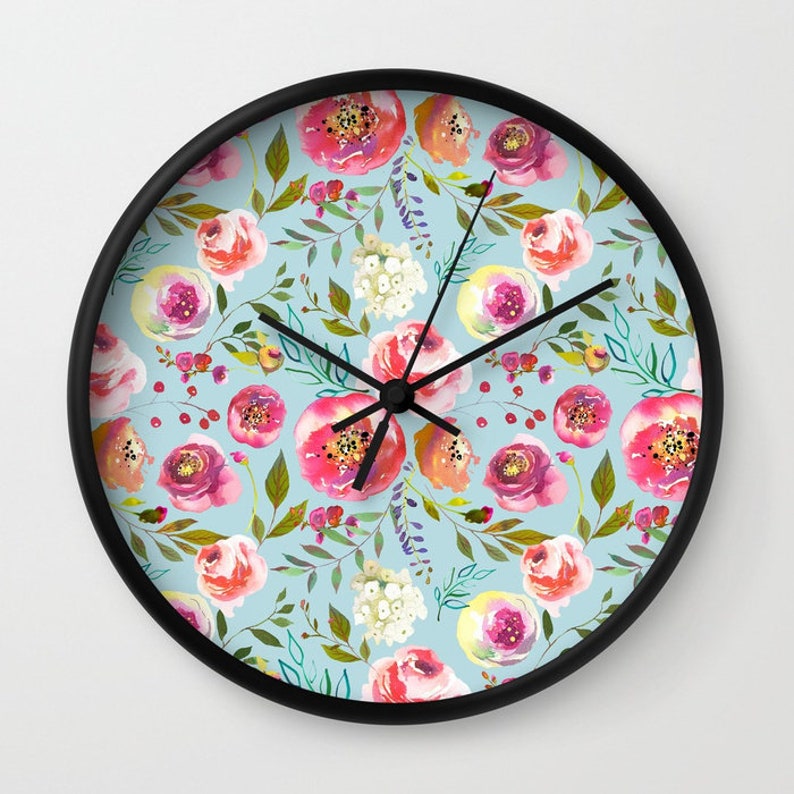 Blue And Pink Floral Wall Clock Gift For Home Decoration 12 X 12 Inches