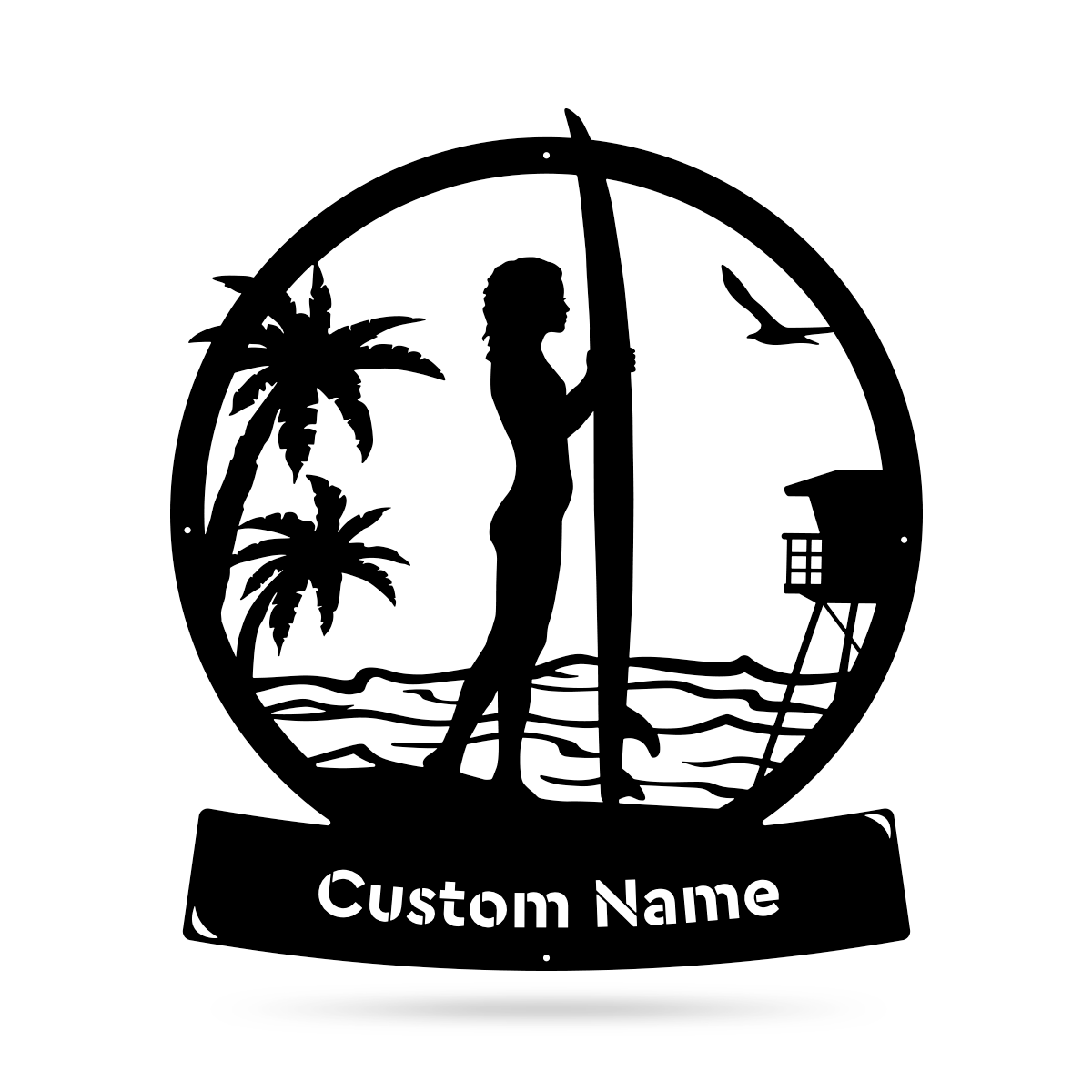 Longboard Female Surfer Monogram Metal Sign Wall Art For Home Decoration 8x8 10x10 12x12 14x14 18x18 24x24 Inches