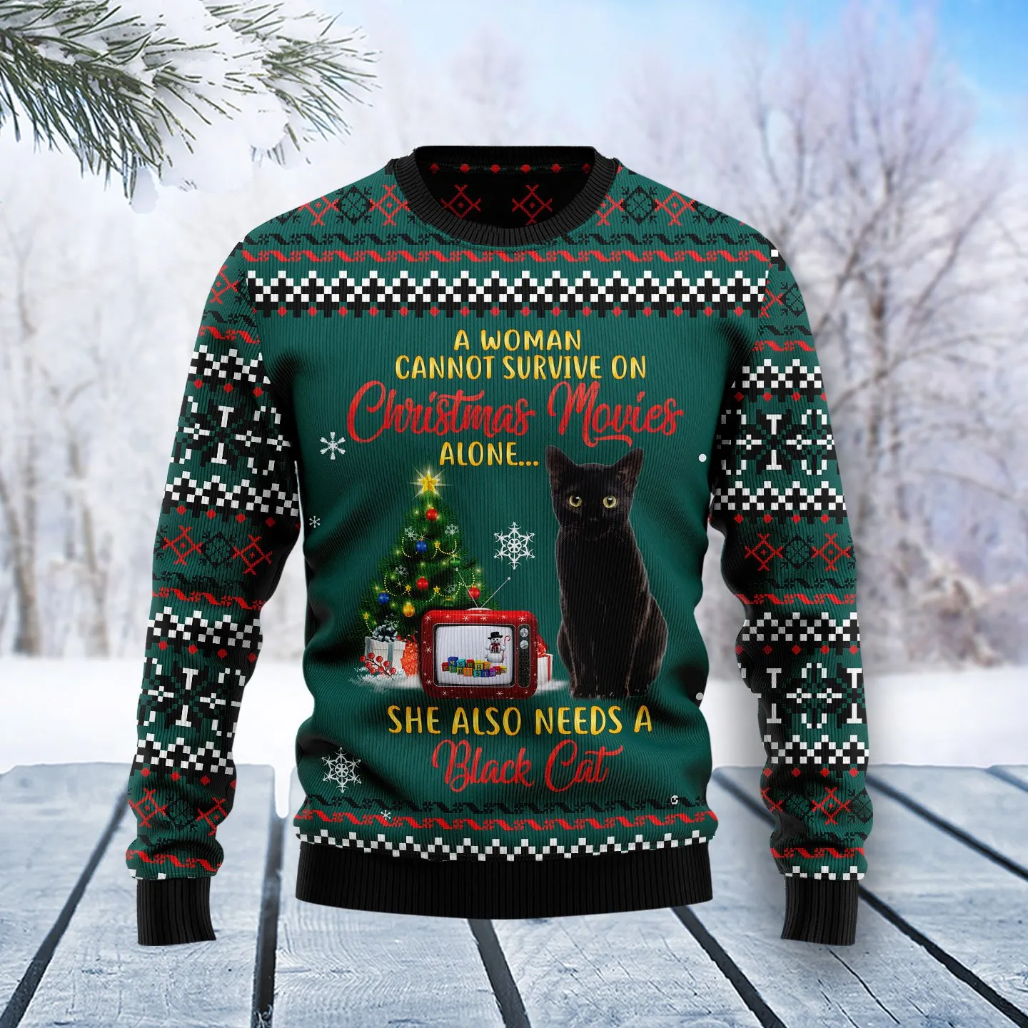 Christmas Ugly Sweater Black Cat Christmas Movie Funny Unisex Sweater Gift