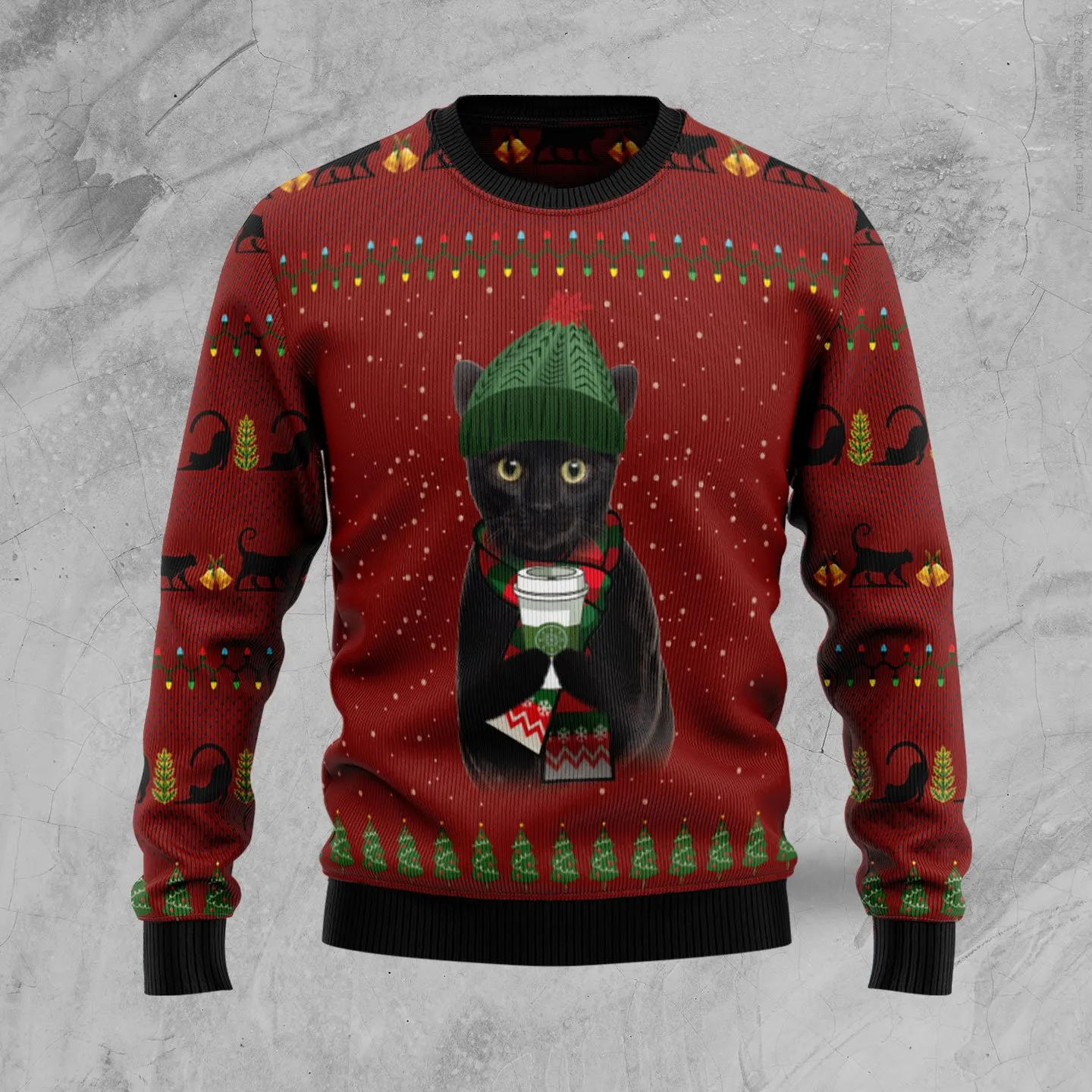Christmas Ugly Sweater Black Cat Coffee Funny Unisex Sweater Gift