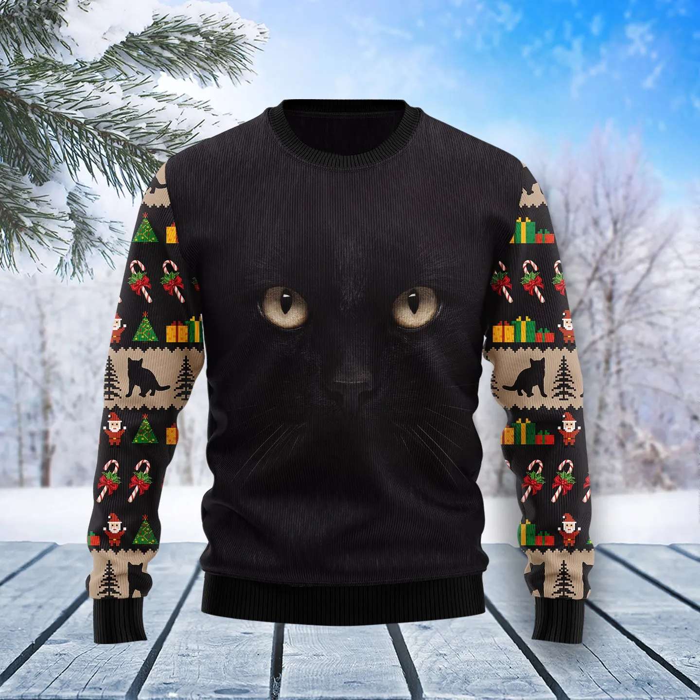 Christmas Ugly Sweater Black Cat Cute Face Funny Unisex Sweater Gift