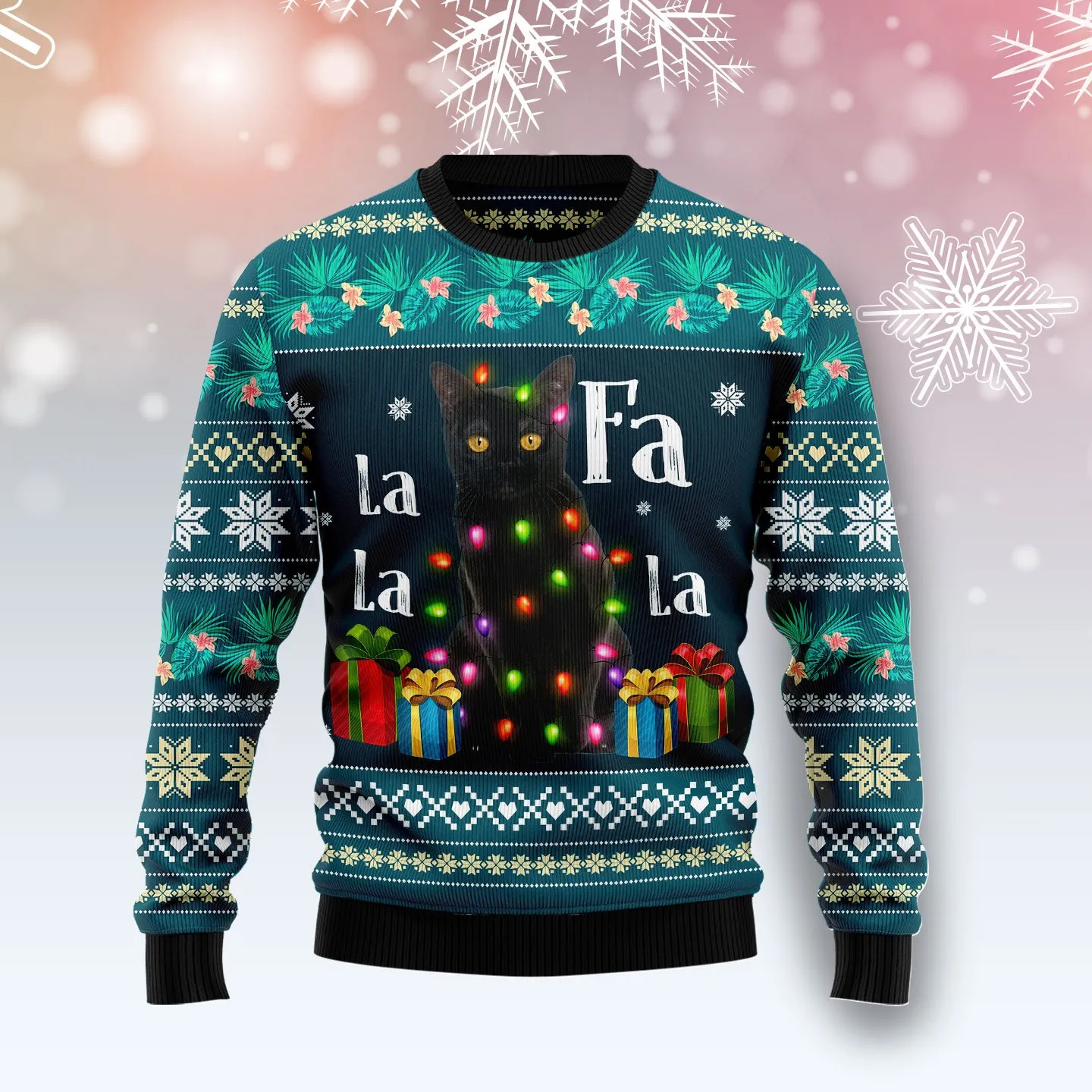 Christmas Ugly Sweater Black Cat Falalala Funny Unisex Sweater Gift